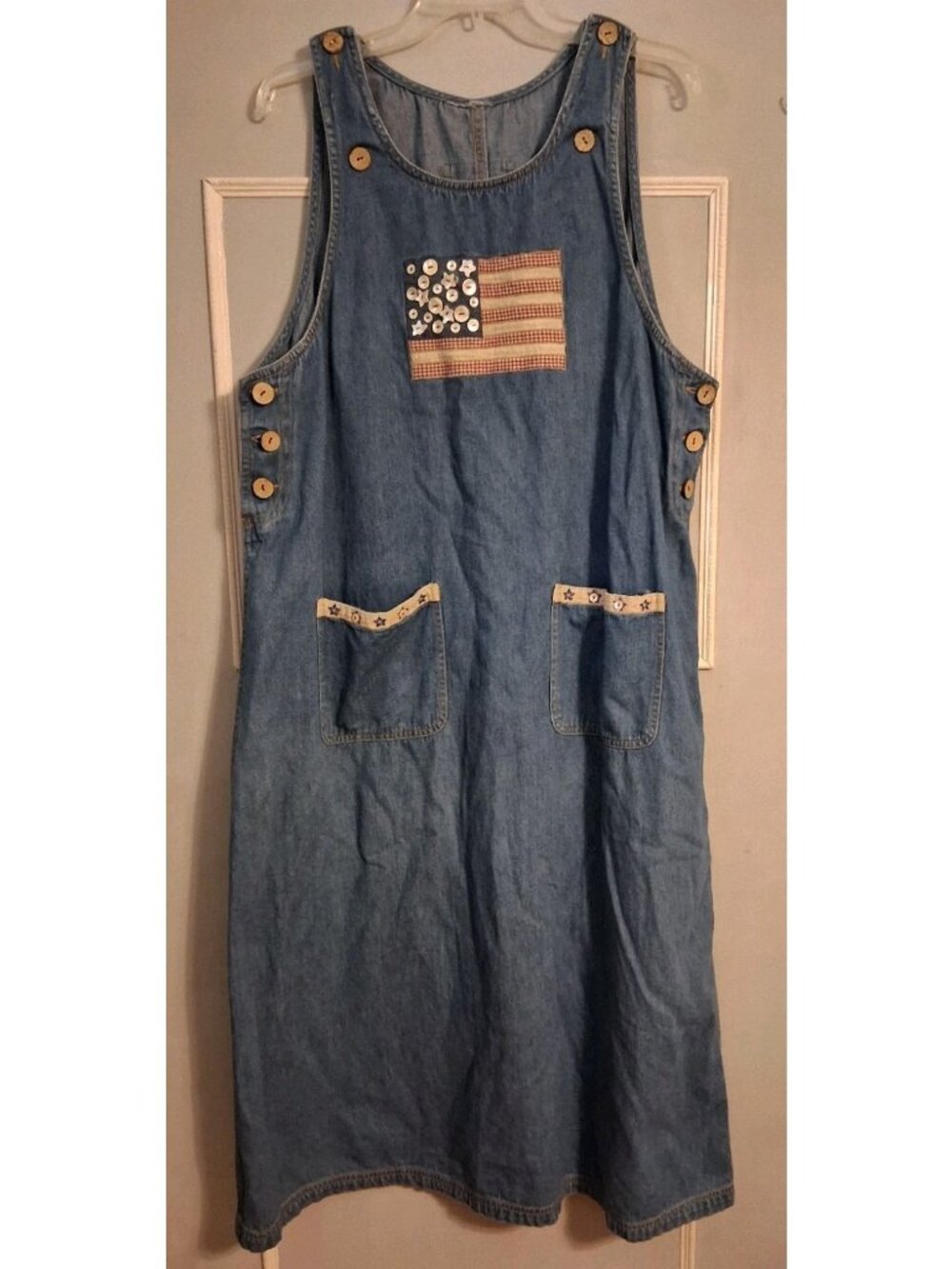 Vintage  Jamie Brooke Denim Flag Applique Buttons Maxi Dress Teacher Core S Boho